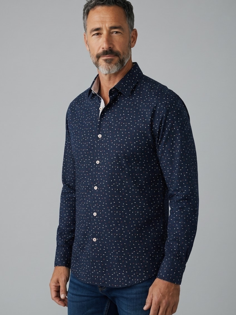 Report Collection Navy Button-Down Shirt with Micro Dot Pattern 1048